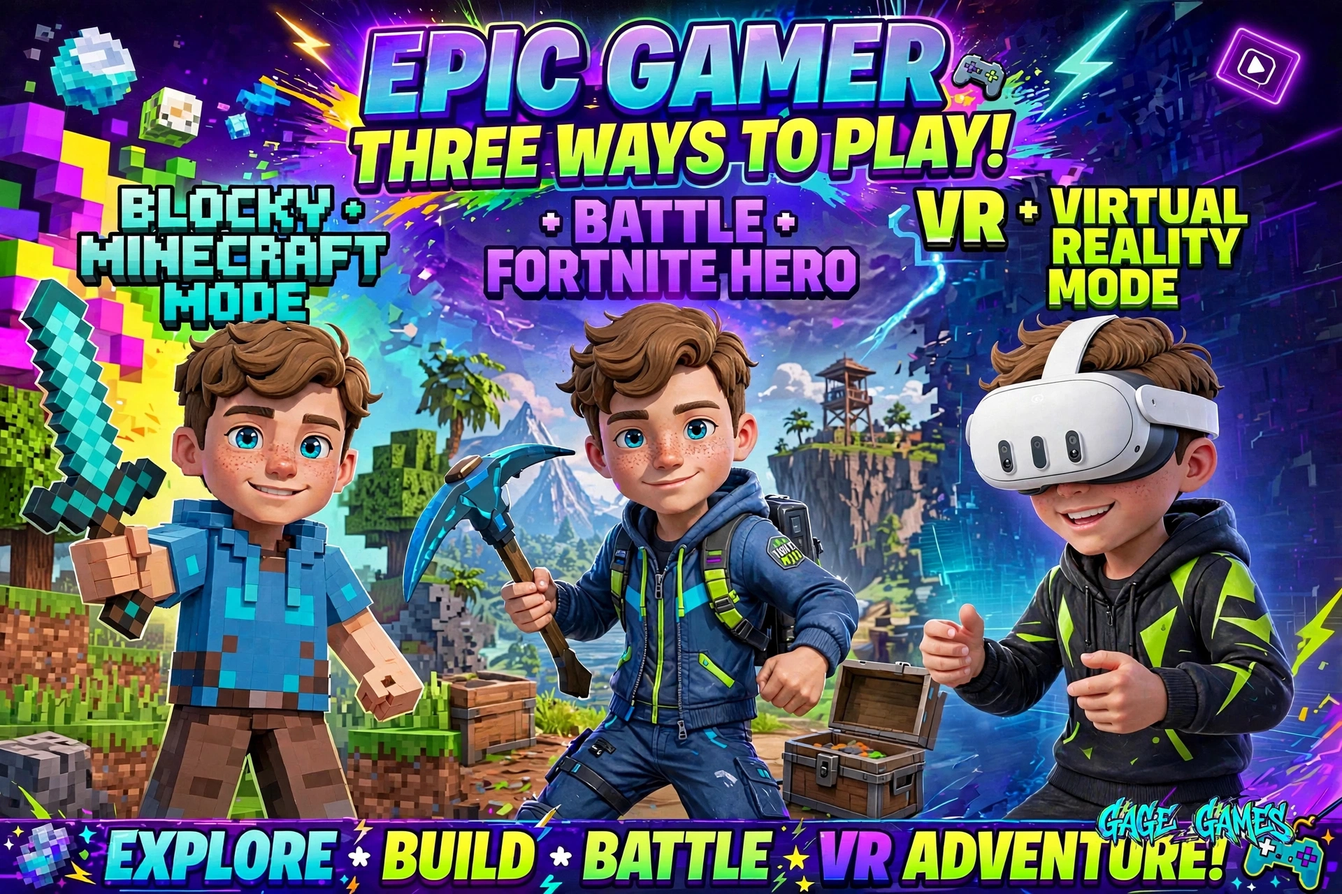 Gage surrounded by his games: Roblox, Minecraft, Fortnite and VR