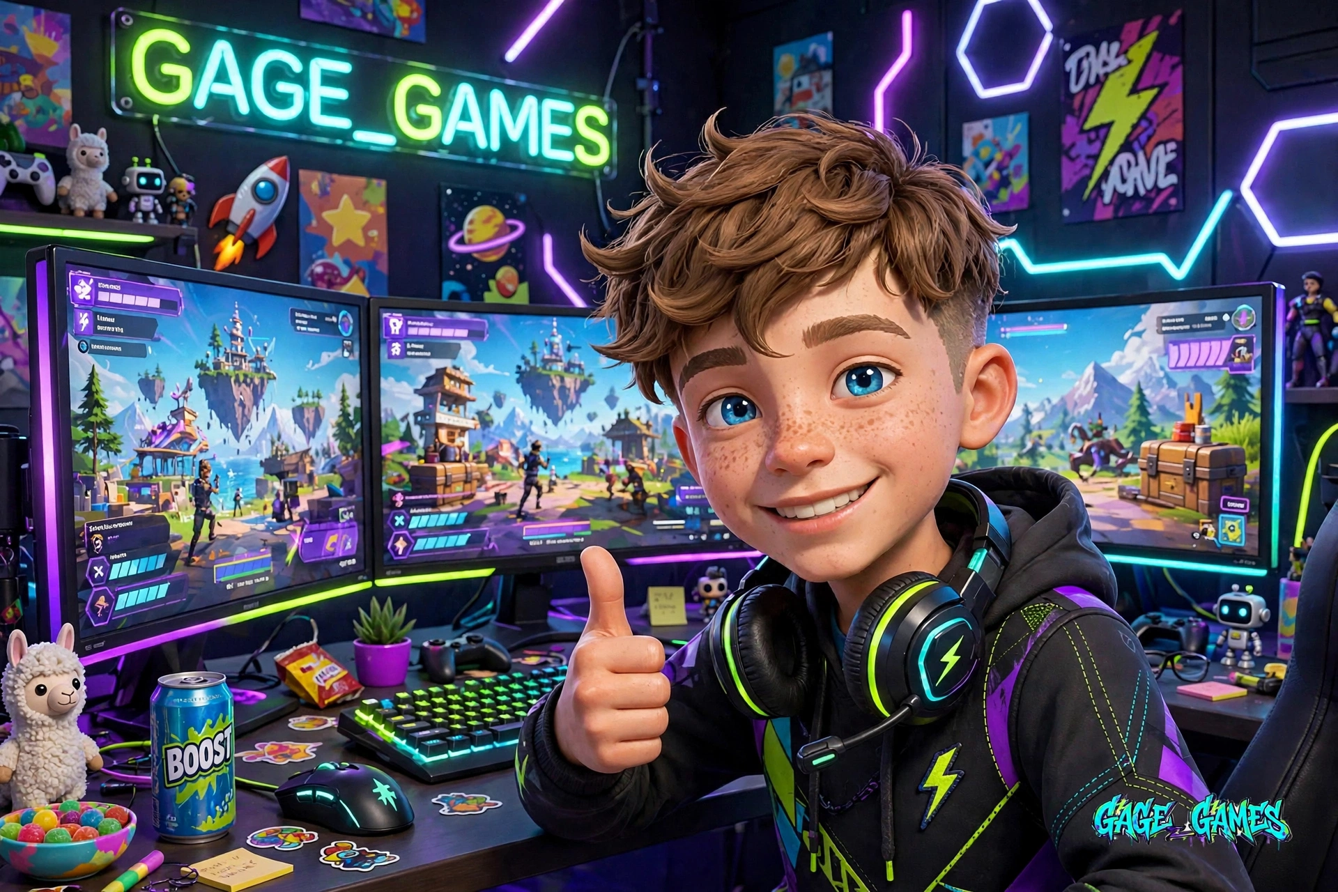 Gage at his neon gaming battlestation
