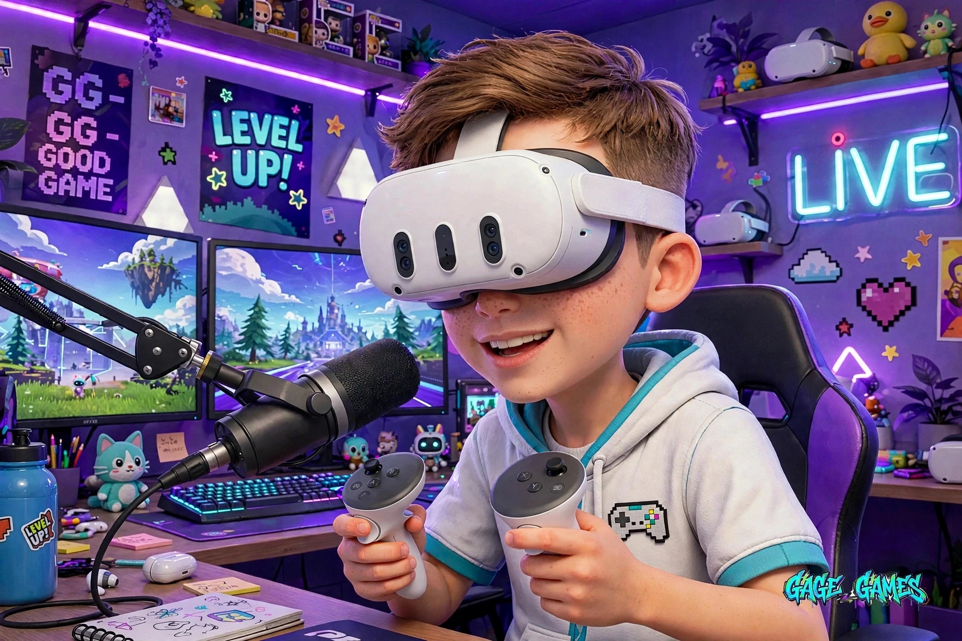 Gage recording a VR gameplay video with his microphone
