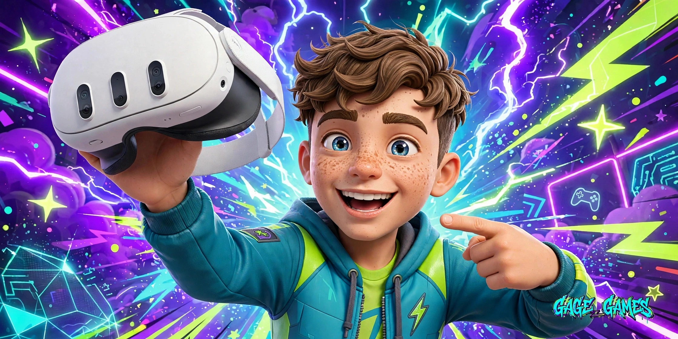 Gage showing off his Meta Quest 3 headset and controllers
